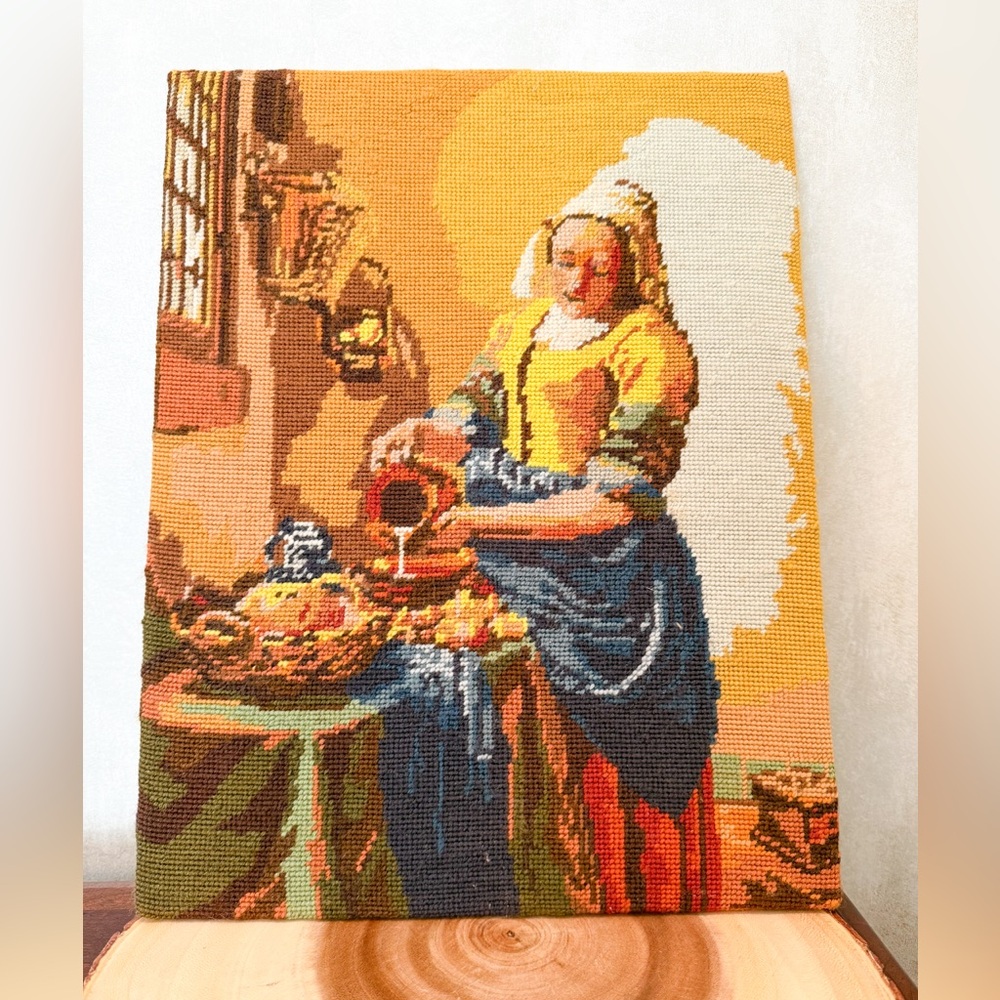 Vintage COMPLETED Needlepoint of Vermeer’s The Milkmaid – Unframed Wall Art